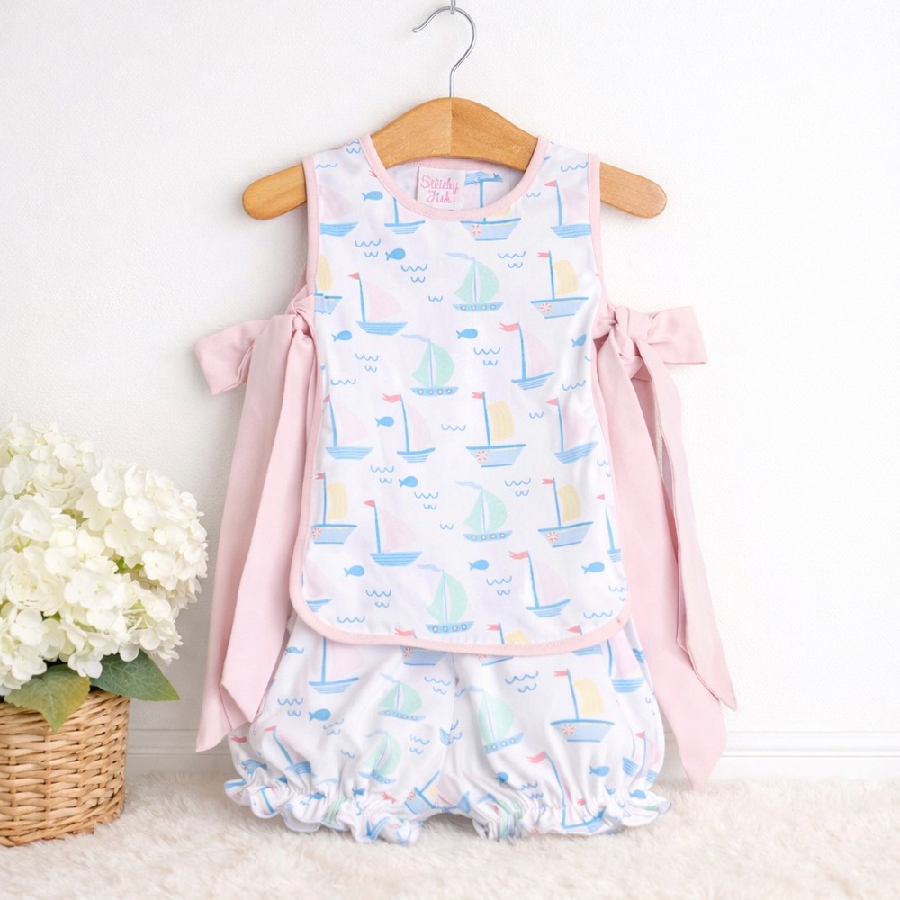 Dock Days Bloomer Set Pink Nautical Sailboat Boutique Toddler Baby Girl Side Tie